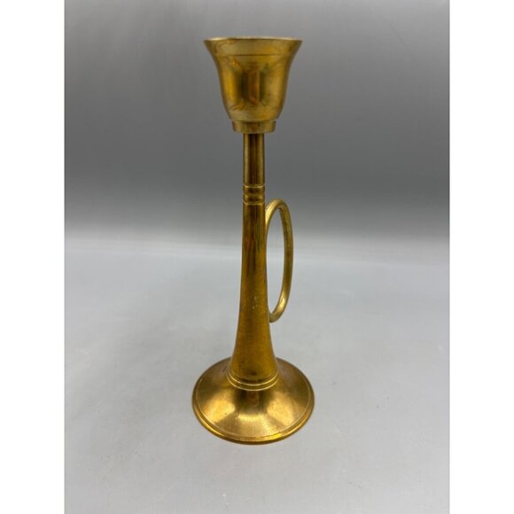 Vintage Brass Horn Candle Holder With Handle Elegant Gold Tapered Design - Picture 5 of 7